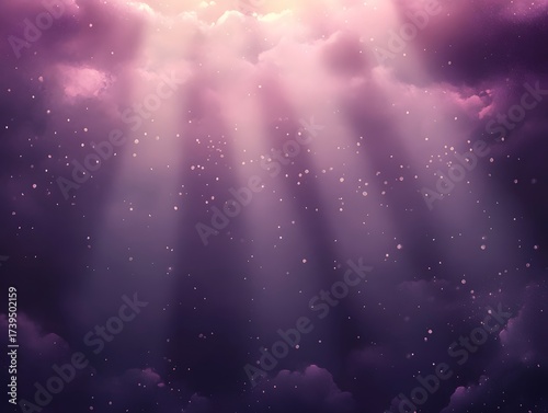 Dreamy purple sky with heavenly light rays and sparkling dust particles background