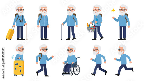 Senior Man Flat Character Set: Diverse Activities and Lifestyle Stages