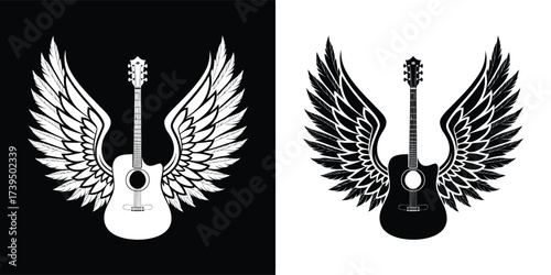 Stylized black and white graphic of an acoustic guitar with spread wings, isolated on white background