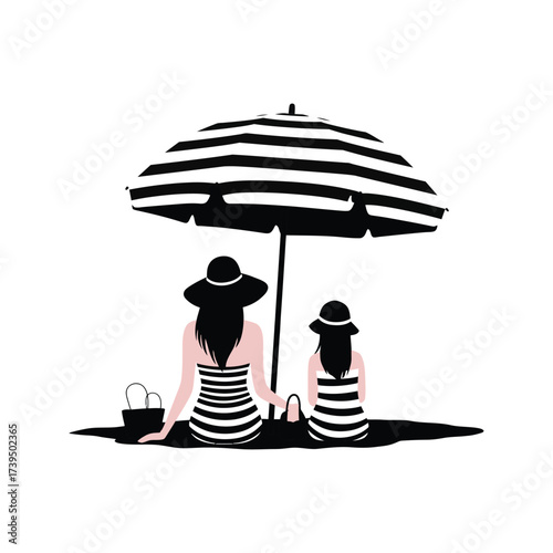 Mother and daughter relaxing under a striped beach umbrella enjoying a sunny day together