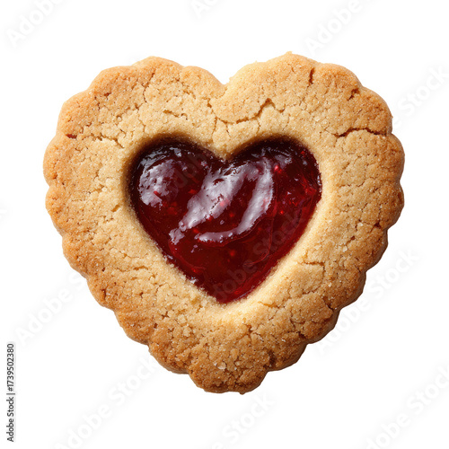 Close-up of a heart-shaped shortbread cookie with red jam filling against a black background