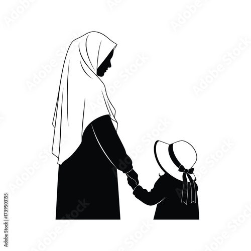 Mother wearing a hijab holding hands with her daughter wearing a hat and bow
