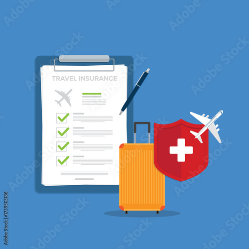 Travel insurance. Traveling luggage suitcase and airplane trip protect. Plane flight safety symbol. Aircraft journey risk protection.	