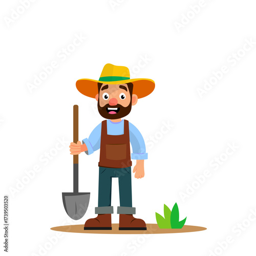 Cheerful farmer with a shovel in his hands standing on the ground flat vector character illustration