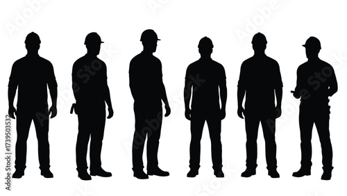 Professional Industrial Workers Silhouettes With Safety Helmets And Tools Isolated On White