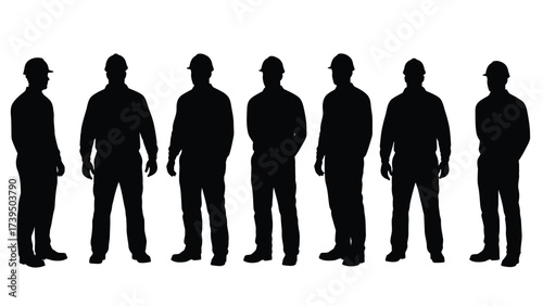 Group Of Industrial Workers Silhouettes Wearing Hard Hats Standing In A Row Against White Background