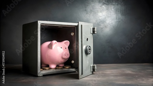 Pink piggy bank locked inside a safe symbolizing financial security, money savings, investment protection, and personal wealth management concept