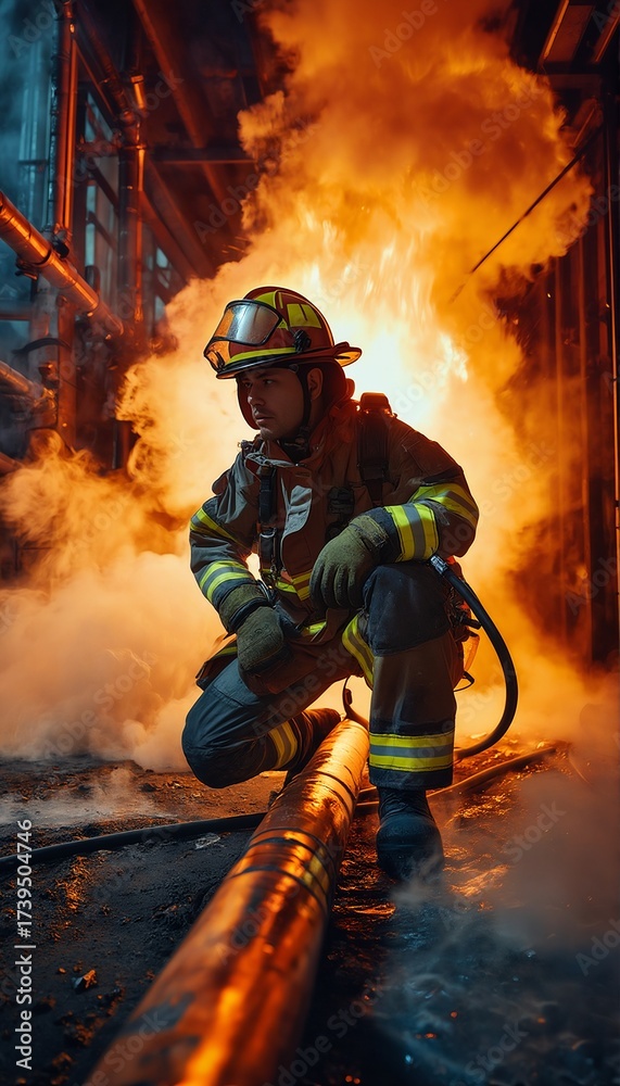 Fototapeta premium a determined firefighter kneels amidst smoke and flames, gripping a hose during a challenging blaze.