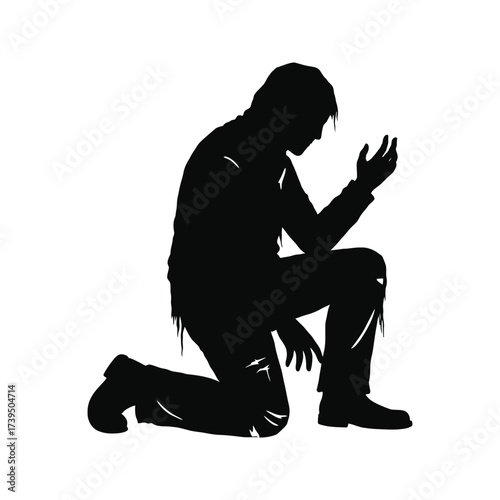 Silhouette of a hooded figure kneeling with one hand outstretched in a gesture of despair or supplication