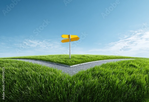 Forking path on a grassy hill under a clear blue sky, with a directional sign