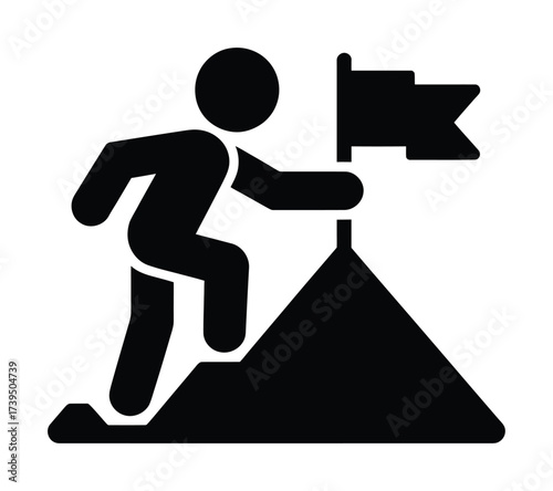 Climbing Mountain with Flag Vector Silhouette Achievement Success