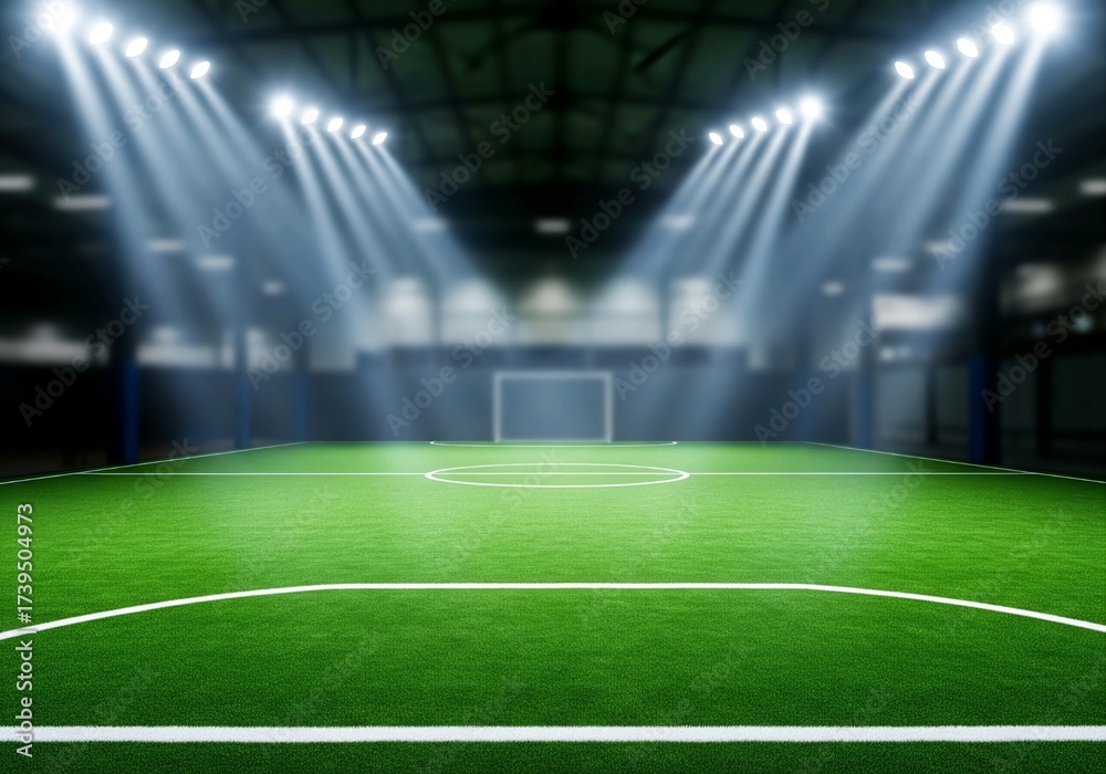 Obraz premium Brightly Lit Empty Indoor Soccer Field or Futsal Pitch with Glowing Lights