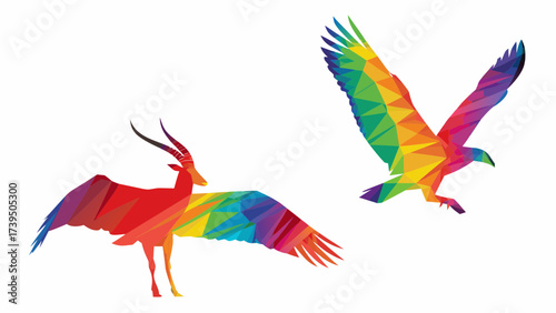 Vibrant rainbow antelope and eagle art, colorful wildlife illustration, geometric polygon animals, modern design, unique and eye-catching, perfect for prints