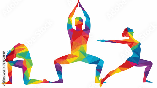 Vibrant yoga poses in geometric mosaic style for wellness promotions, fitness campaigns, and health studio branding, promoting flexibility and balance