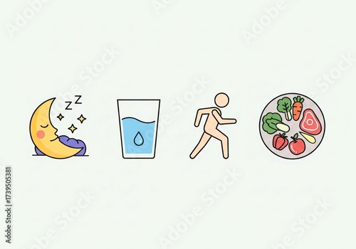 Four Pillars of Health: Sleep, Hydration, Exercise, and Healthy Eating Icons