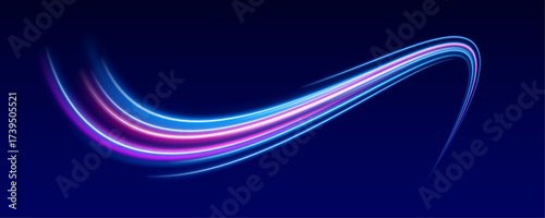 Dark abstract background with glowing neon waves flowing across the scene. Soft purple and blue light lines create a sense of futuristic motion. Ideal for digital or tech-style visuals.