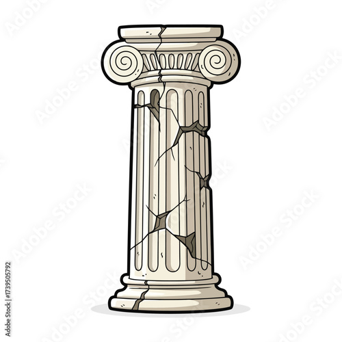A single cracked ancient greek ionic column isolated on white background