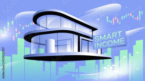 Futuristic building with financial graphs and 'Smart Income' displayed.