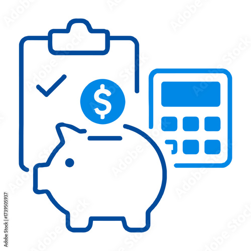 Financial Planning Icon: An illustrative depiction of financial planning, featuring a piggy bank, currency, calculator, and checklist, symbolizing savings, budgeting, and fiscal responsibility.