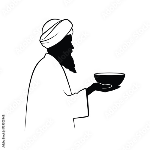 Silhouette of a wise old man with a long beard wearing a turban holding a bowl in his hand
