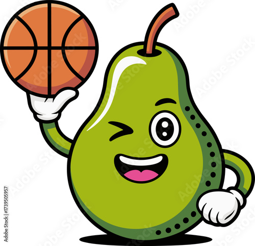 Whimsical Pear Character Playing Basketball with a Joyful Expression and Winking Eye Perfect for Sports Themed Merchandise and Children's Illustrations