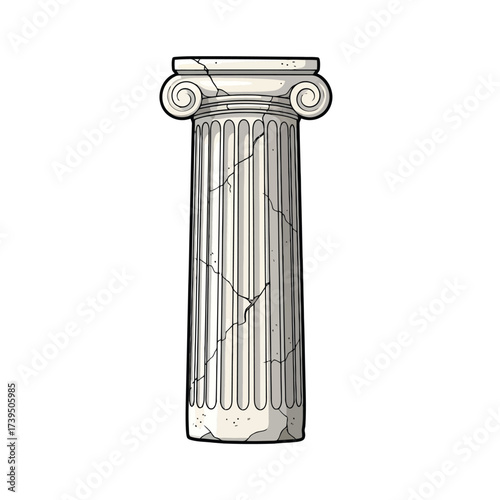 Ancient greek ionic column with cracks, isolated on white background
