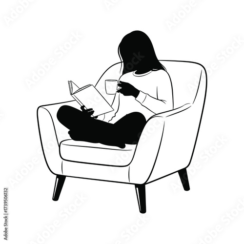 Silhouette of a woman with long hair sitting comfortably in an armchair reading a book and holding a cup