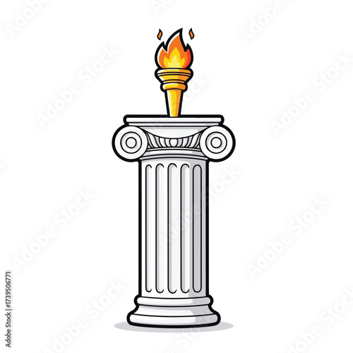 Ancient greek column with a lit torch on top, isolated on white background