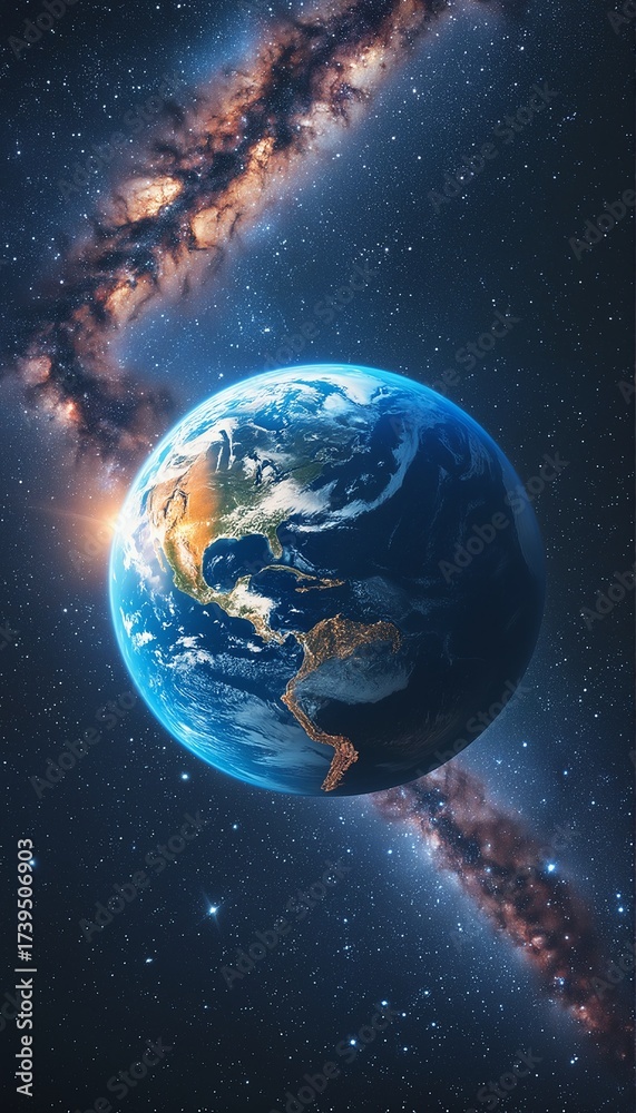Fototapeta premium a vibrant depiction of earth illuminated against the backdrop of a swirling galactic nebula and countless stars.