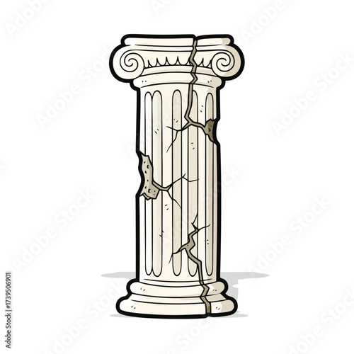 Broken ancient greek column with cracks, isolated on white background