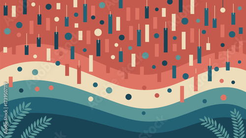 Abstract background with wavy lines rectangles circles and leaves in muted red blue and beige tones