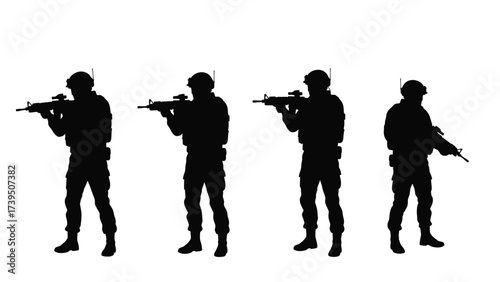Black Silhouettes Of Armed Military Soldiers With Assault Rifles In Tactical Gear