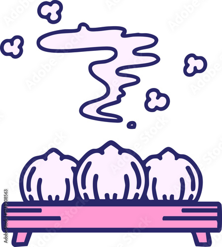traditional japanese dumplings on wooden tray steaming in bright neon color