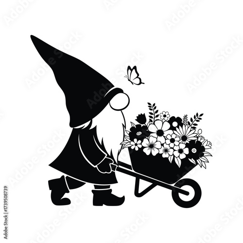 Whimsical garden gnome pushing a wheelbarrow full of blooming flowers with a butterfly flying nearby