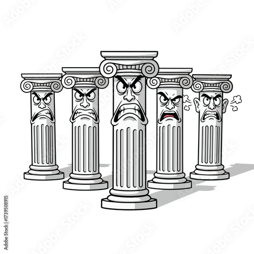 Group of angry classical ionic columns with faces