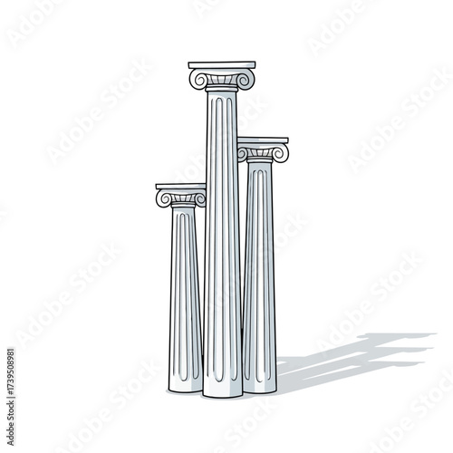 Three classical ionic columns isolated on white background
