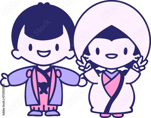 Happy Japanese couple celebrating their marriage in bright neon color