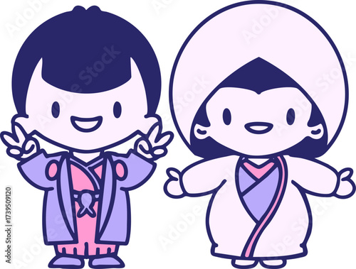 Japanese man and woman in traditional wedding clothing in bright neon color