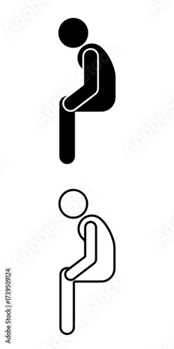 Black and white pictogram of a person slouching while seated, in solid and line art. Useful for posture correction, workplace health awareness, and educational illustrations about back care.