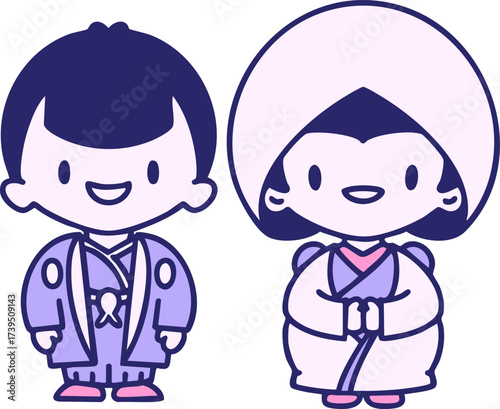 Japanese wedding couple in traditional clothing in bright neon color