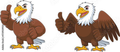 Bald eagle cartoon illustration, eagle mascot characters, thumbs up birds, patriotic wildlife artwork, vector cartoon, playful animal design