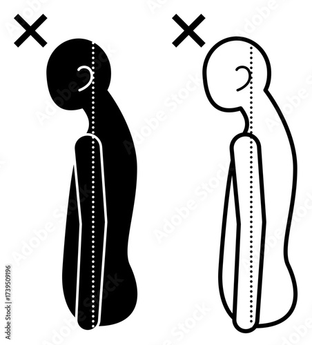 Black and white pictogram of a person with a slouched posture, shown in solid and line art. Illustrated with median line for spine alignment. Useful for ergonomics, posture education, workplace wellne