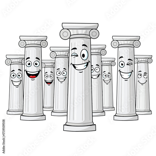 Group of happy cartoon columns isolated on white background