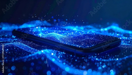 Futuristic smartphone with glowing digital wave and bokeh effects, technology