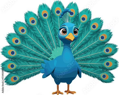 Vibrant cartoon peacock illustration, colorful bird with fanned feathers, exotic wildlife art, decorative design, majestic animal character, symmetrical tail pattern