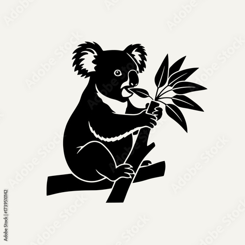 Koala on a Branch: A striking illustration of a koala bear perched on a tree branch, delicately enjoying a eucalyptus leaf, showcasing its natural habitat and gentle nature.