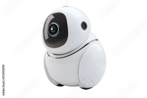 Futuristic personal assistant robot with camera eye, sleek modern design for AI and automation concepts.