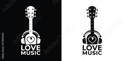 Black and white graphic illustration of a guitar with headphones and a heart symbol, text love music below, presented on both black and white backgrounds