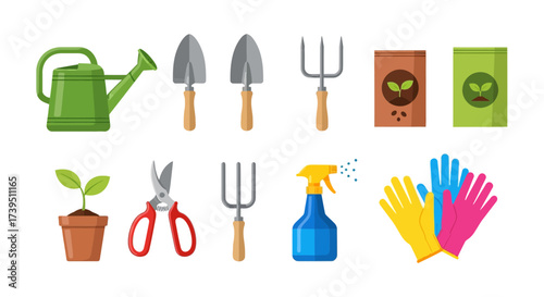 Gardening tools and supplies arranged neatly on a white background ready for spring planting and garden maintenance projects offering a fresh start and vibrant outdoor living space
