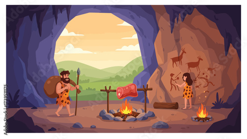 Stone Age Cave Life: Prehistoric Family Roasting Meat and Creating Cave Art
